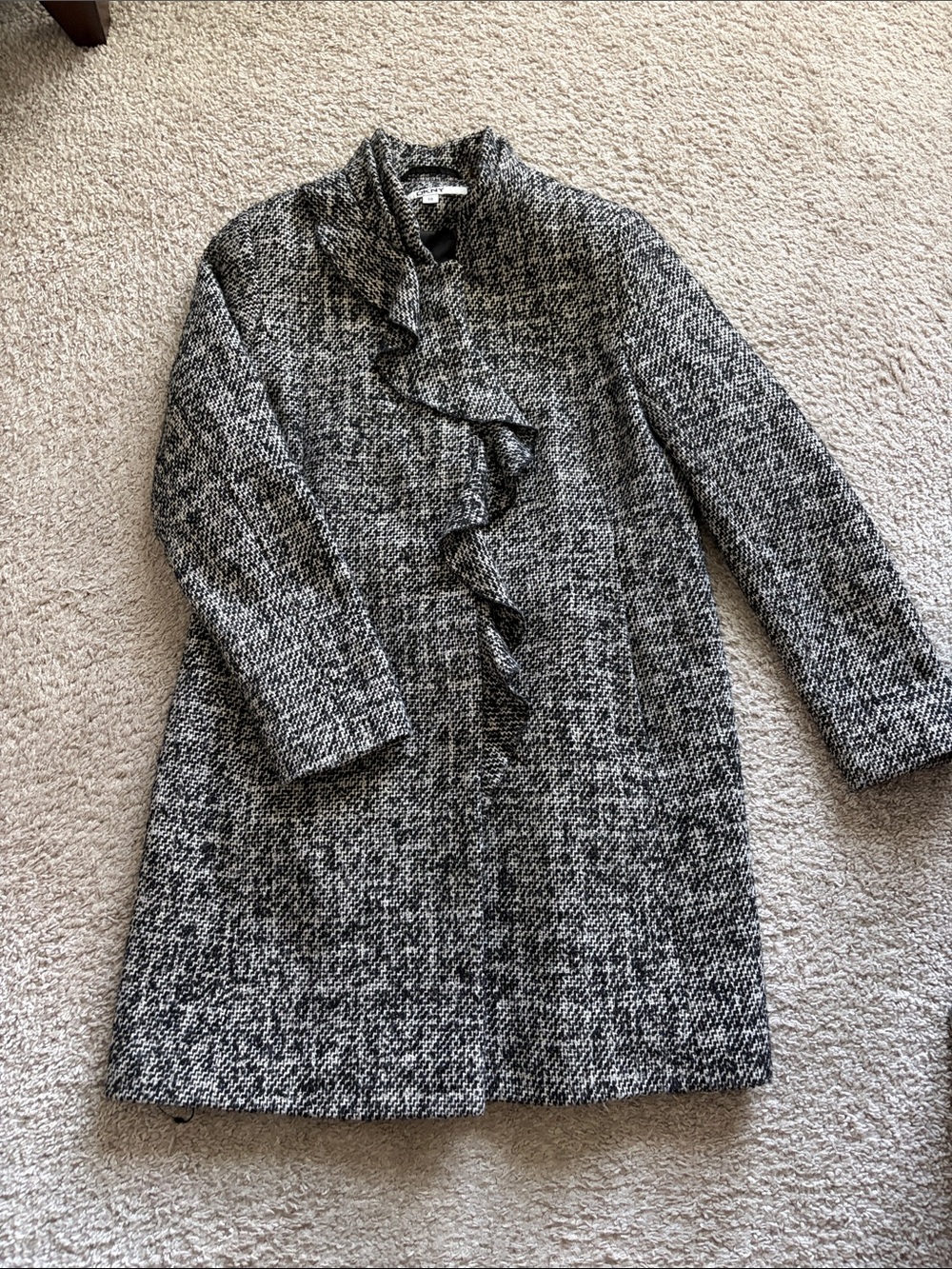 DKNY Black & White Tweed Ruffle-Front Pea Coat